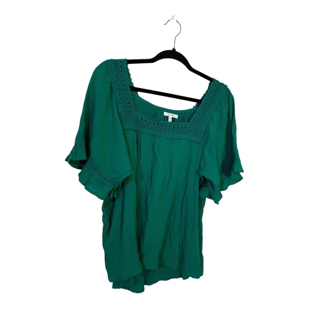 Maurices Womens L Green Boho Peasant Lace Square Neck Flutter Sleeves Blouse Top